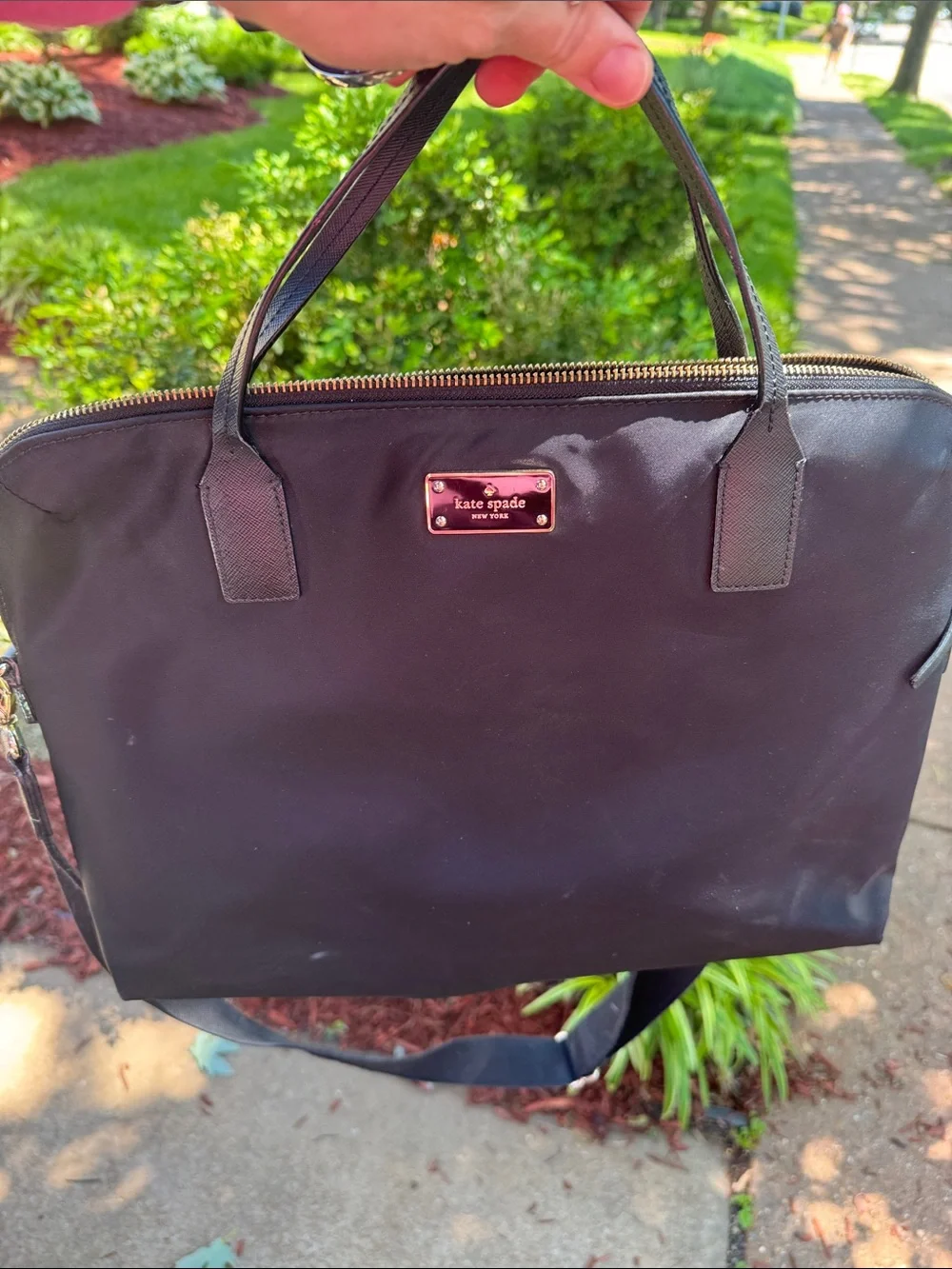 kate spade black nylon laptop tote with gold plaque